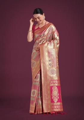 &nbsp;Rani Pink Zari Woven Banarasi Satin Silk Saree Set