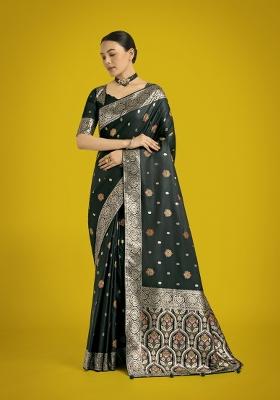 Dark Green Zari Woven Banarasi Satin Silk Saree Set