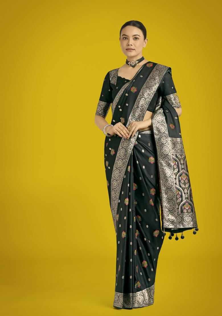 Dark Green Zari Woven Banarasi Satin Silk Saree Set