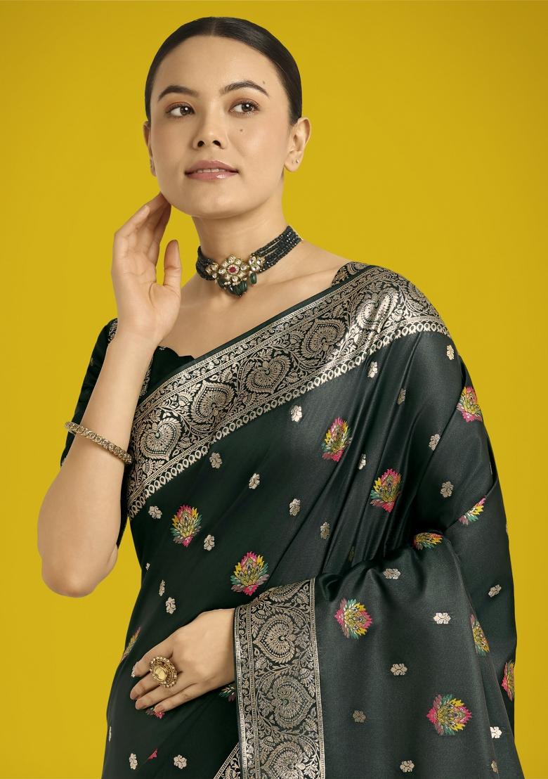 Dark Green Zari Woven Banarasi Satin Silk Saree Set