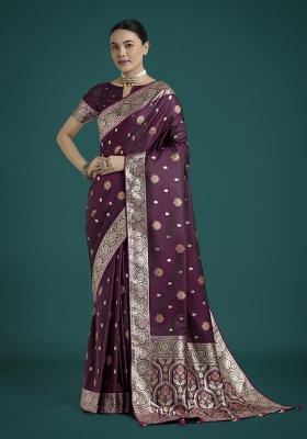 Wine Zari Woven Banarasi Satin Silk Saree Set