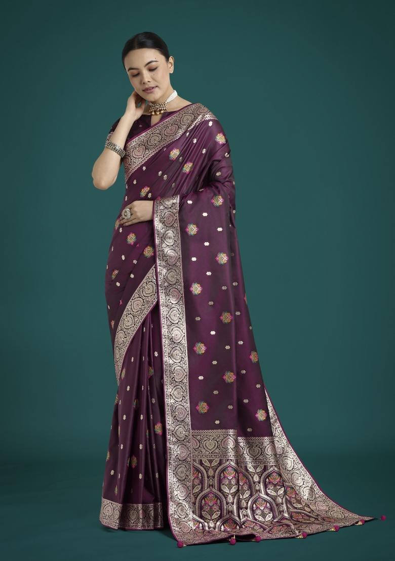 Wine Zari Woven Banarasi Satin Silk Saree Set