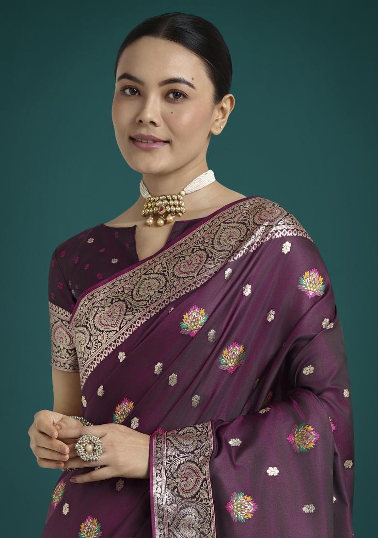 Wine Zari Woven Banarasi Satin Silk Saree Set