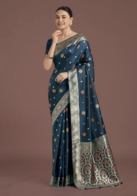 Dark Teal Blue Zari Woven Banarasi Satin Silk Saree Set