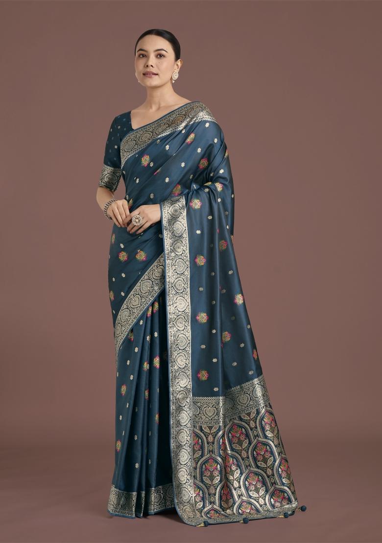 Dark Teal Blue Zari Woven Banarasi Satin Silk Saree Set