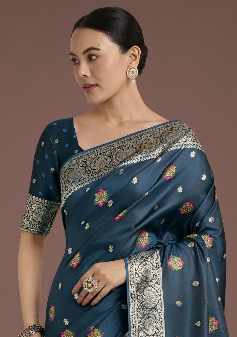 Dark Teal Blue Zari Woven Banarasi Satin Silk Saree Set