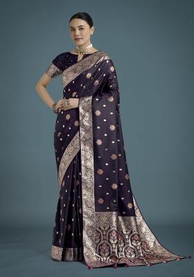 Purple Zari Woven Banarasi Satin Silk Saree Set
