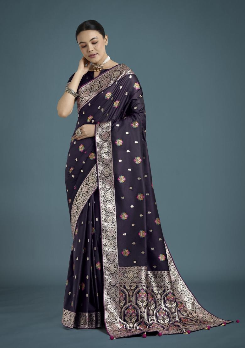Purple Zari Woven Banarasi Satin Silk Saree Set