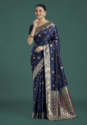 Dark Blue Zari Woven Banarasi Satin Silk Saree Set