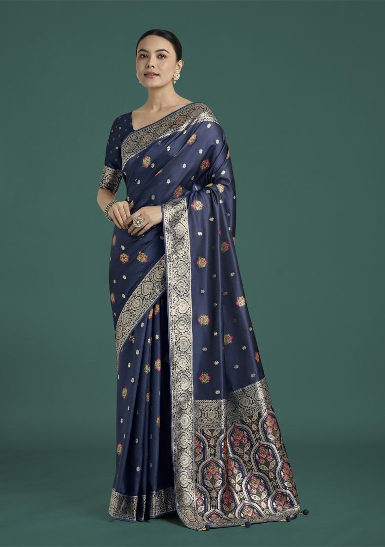 Dark Blue Zari Woven Banarasi Satin Silk Saree Set