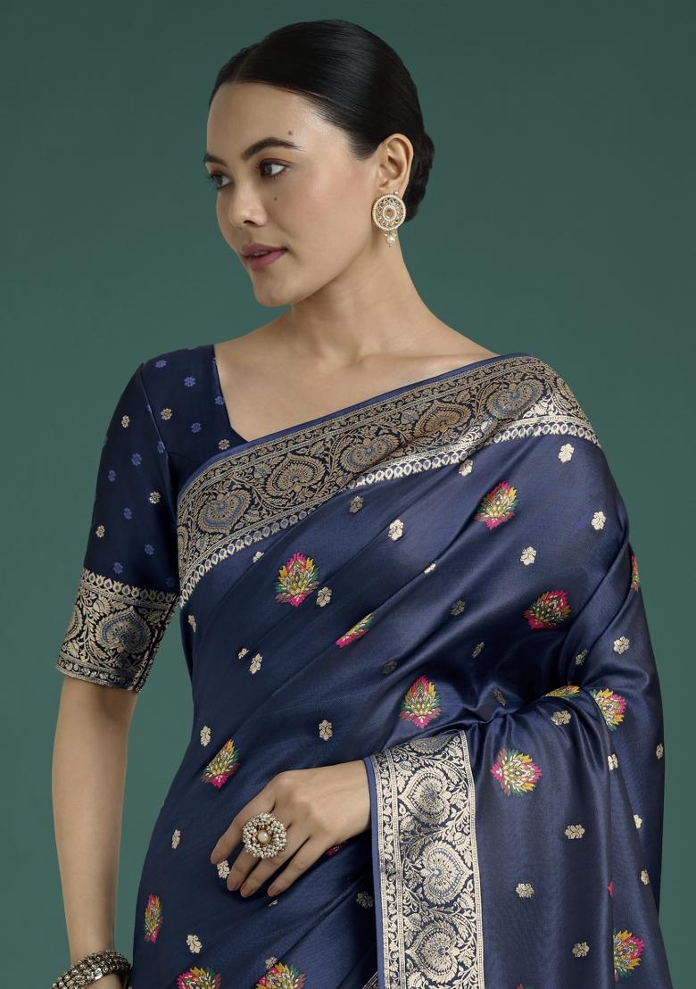 Dark Blue Zari Woven Banarasi Satin Silk Saree Set
