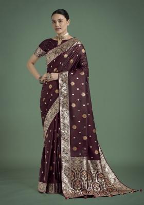 Maroon Zari Woven Banarasi Satin Silk Saree Set
