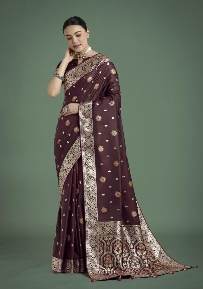 Maroon Zari Woven Banarasi Satin Silk Saree Set