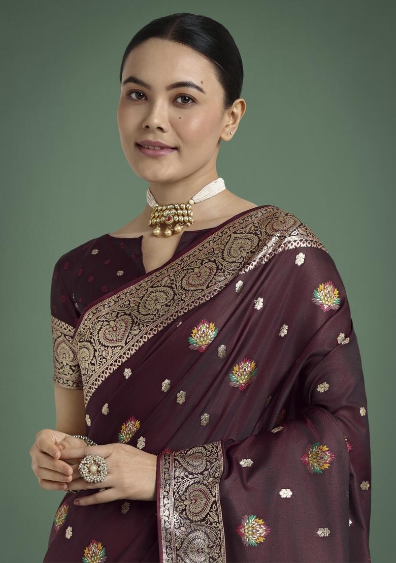 Maroon Zari Woven Banarasi Satin Silk Saree Set