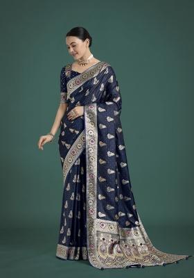 Dark Blue Zari Woven Banarasi Satin Silk Saree Set