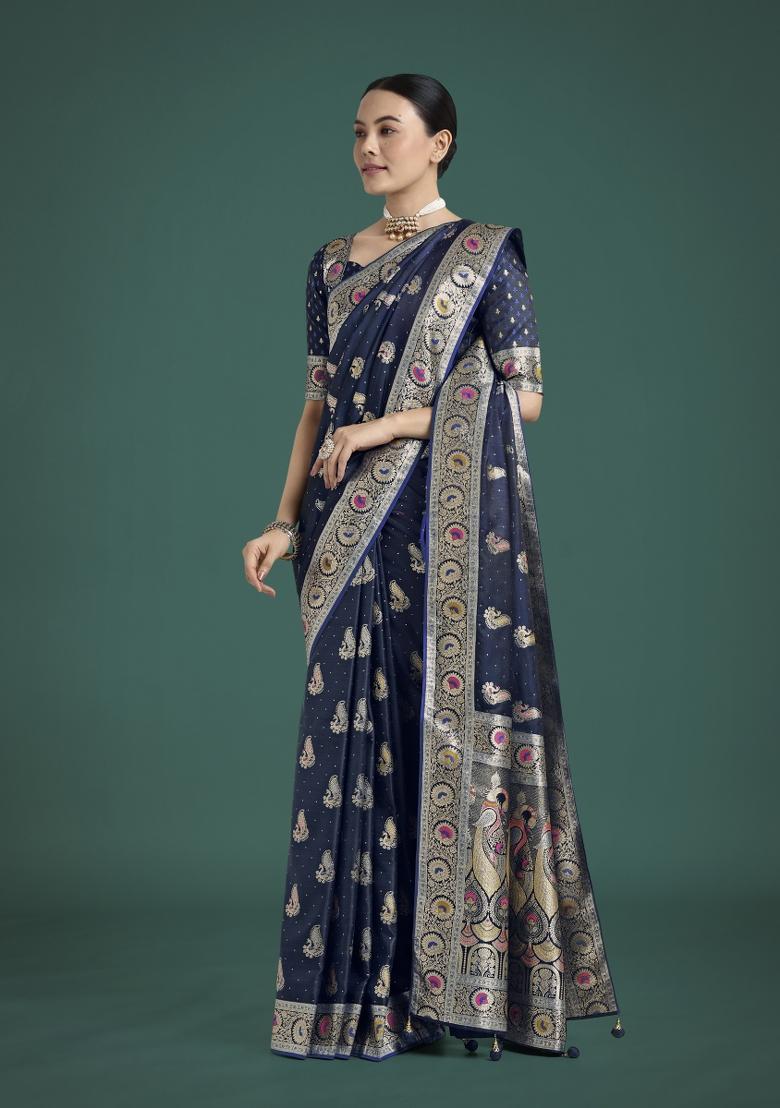 Dark Blue Zari Woven Banarasi Satin Silk Saree Set