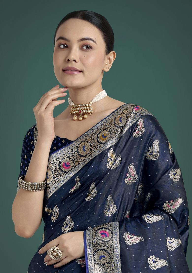 Dark Blue Zari Woven Banarasi Satin Silk Saree Set
