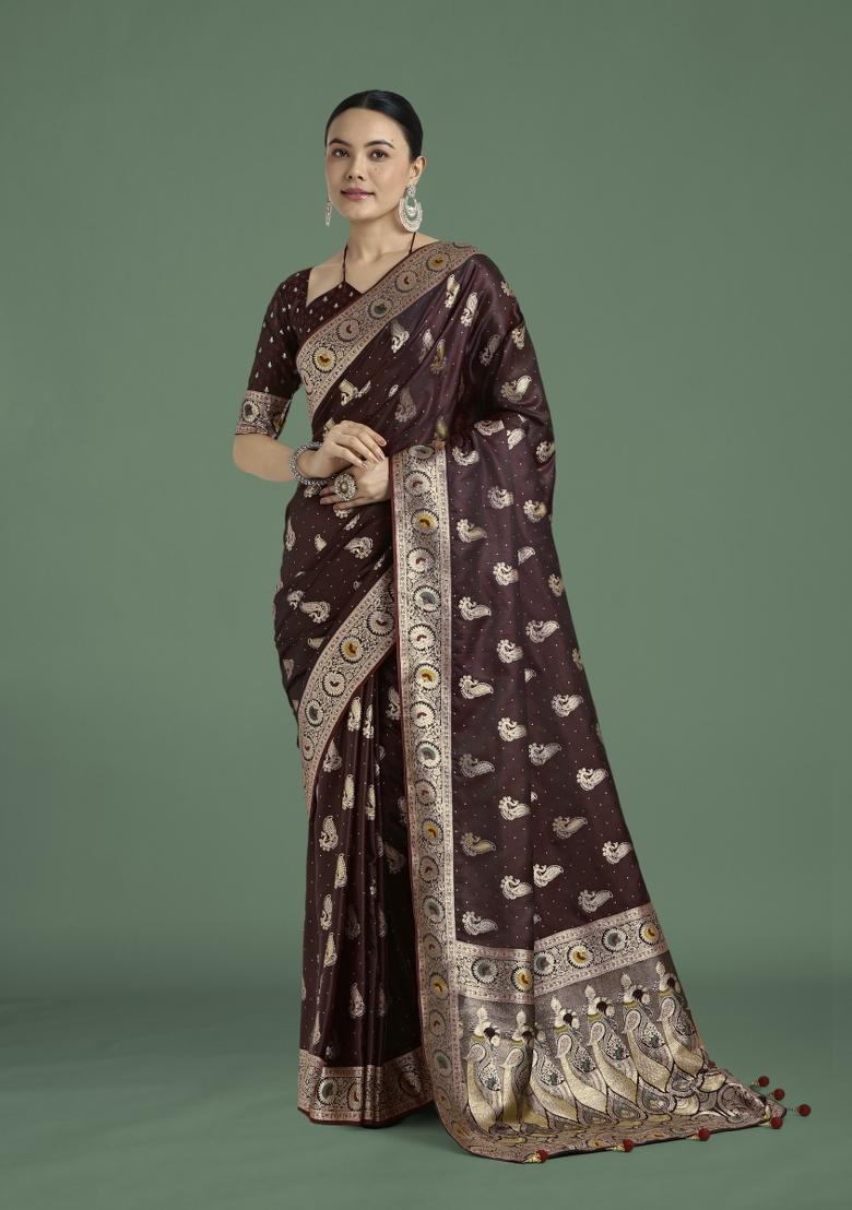 Maroon Zari Woven Banarasi Satin Silk Saree Set