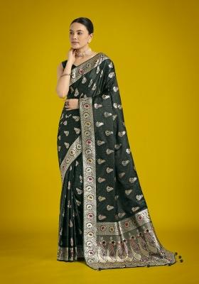 Dark Green Zari Woven Banarasi Satin Silk Saree Set