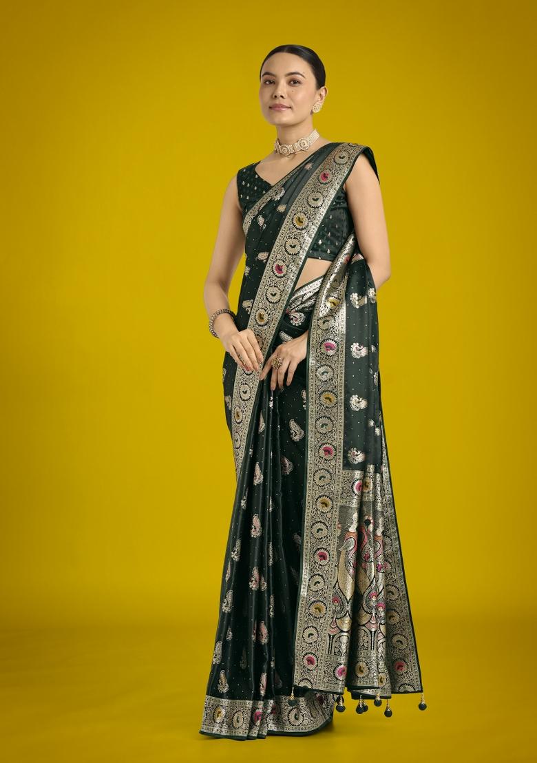 Dark Green Zari Woven Banarasi Satin Silk Saree Set