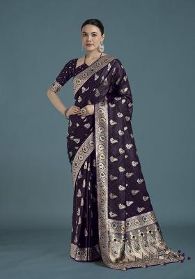Purple Zari Woven Banarasi Satin Silk Saree Set