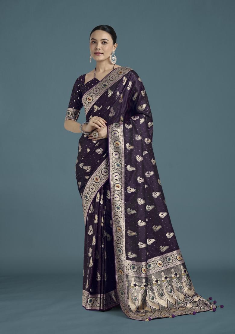 Purple Zari Woven Banarasi Satin Silk Saree Set
