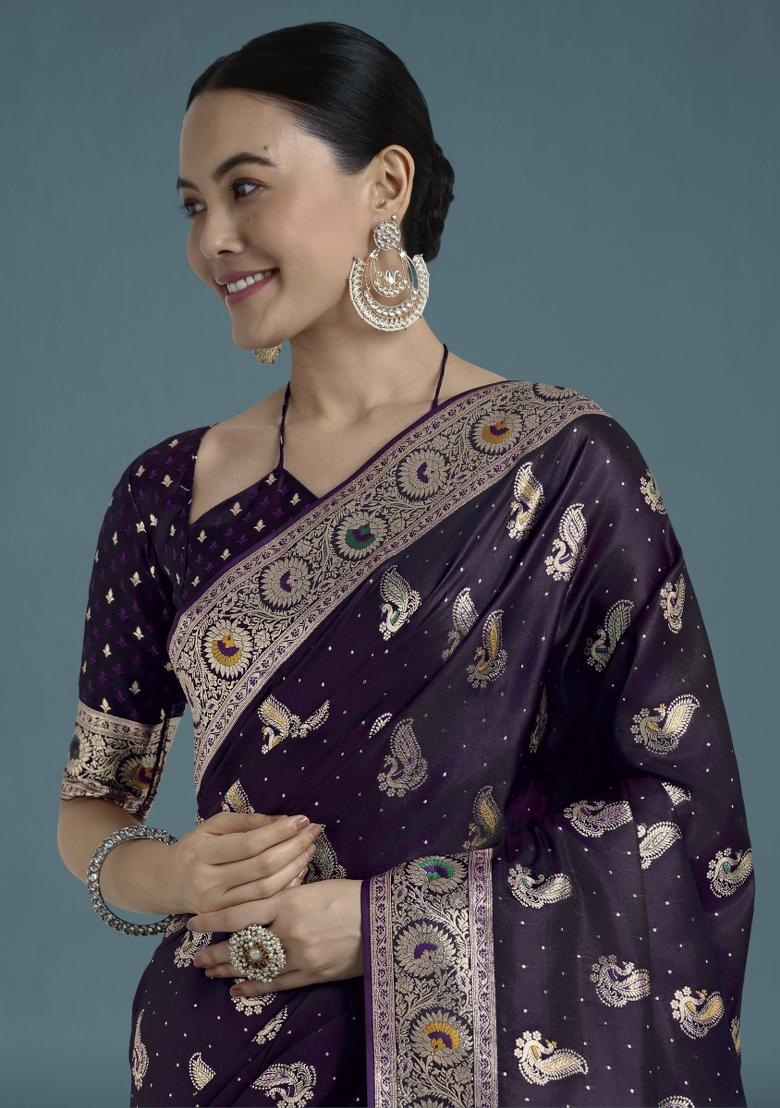 Purple Zari Woven Banarasi Satin Silk Saree Set