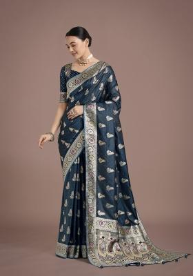 Dark Teal Blue Zari Woven Banarasi Satin Silk Saree Set