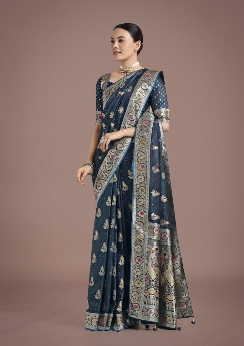 Dark Teal Blue Zari Woven Banarasi Satin Silk Saree Set