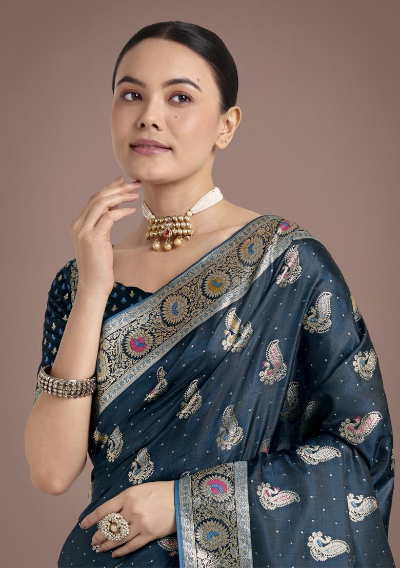 Dark Teal Blue Zari Woven Banarasi Satin Silk Saree Set