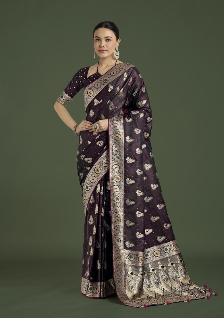 Wine Zari Woven Banarasi Satin Silk Saree Set