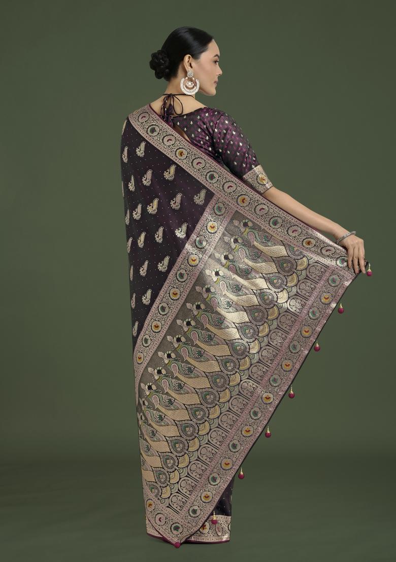 Wine Zari Woven Banarasi Satin Silk Saree Set