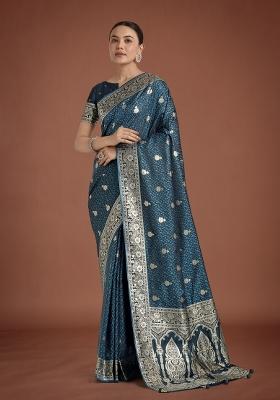 Dark Teal Blue Zari Woven Banarasi Satin Silk Saree Set