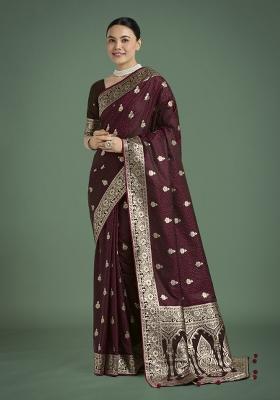 Maroon Zari Woven Banarasi Satin Silk Saree Set