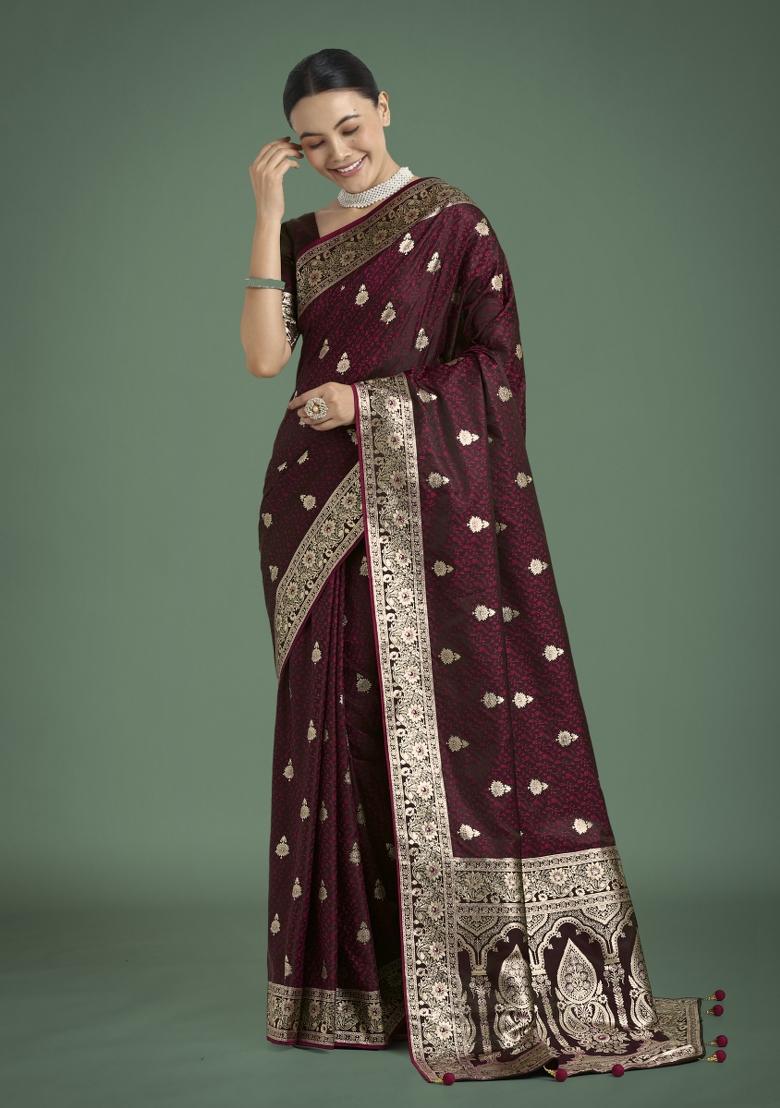 Maroon Zari Woven Banarasi Satin Silk Saree Set
