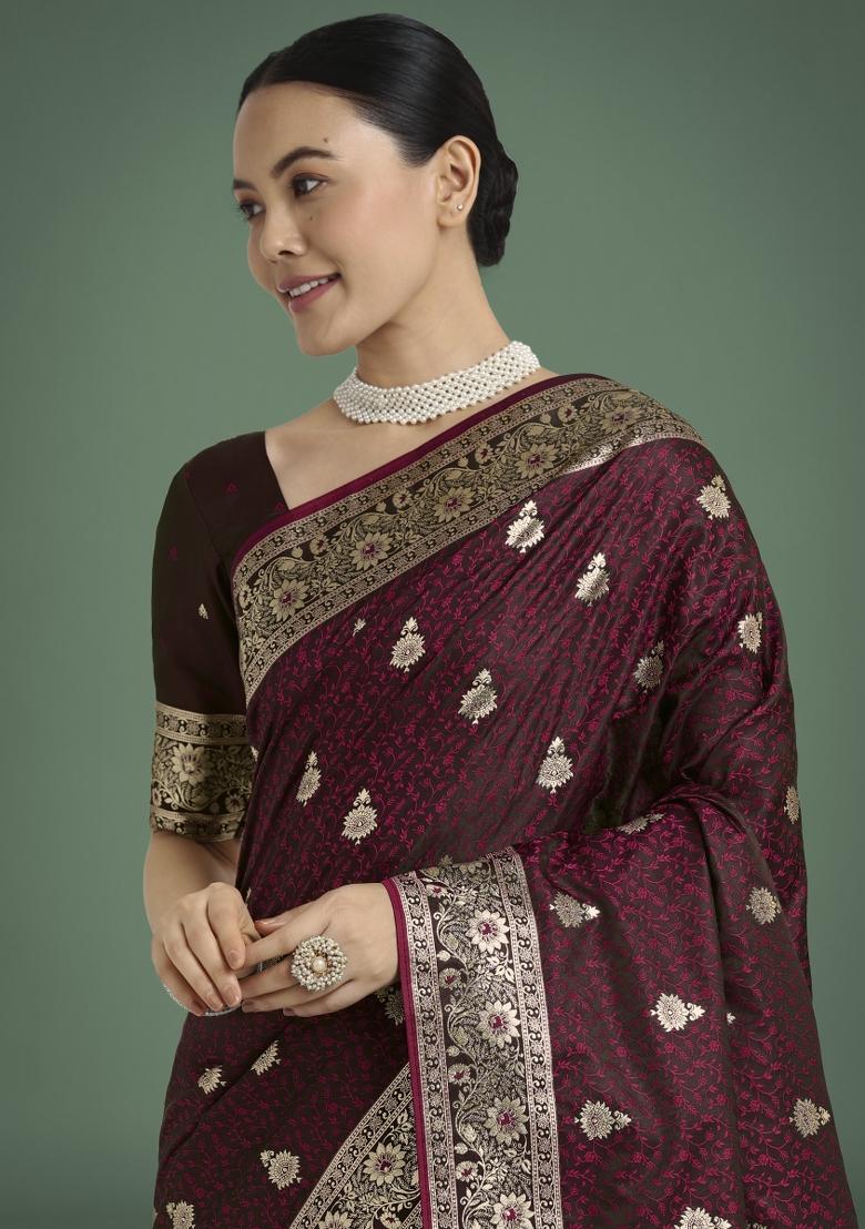 Maroon Zari Woven Banarasi Satin Silk Saree Set