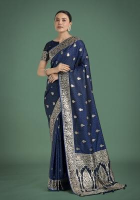 Dark Blue Zari Woven Banarasi Satin Silk Saree Set