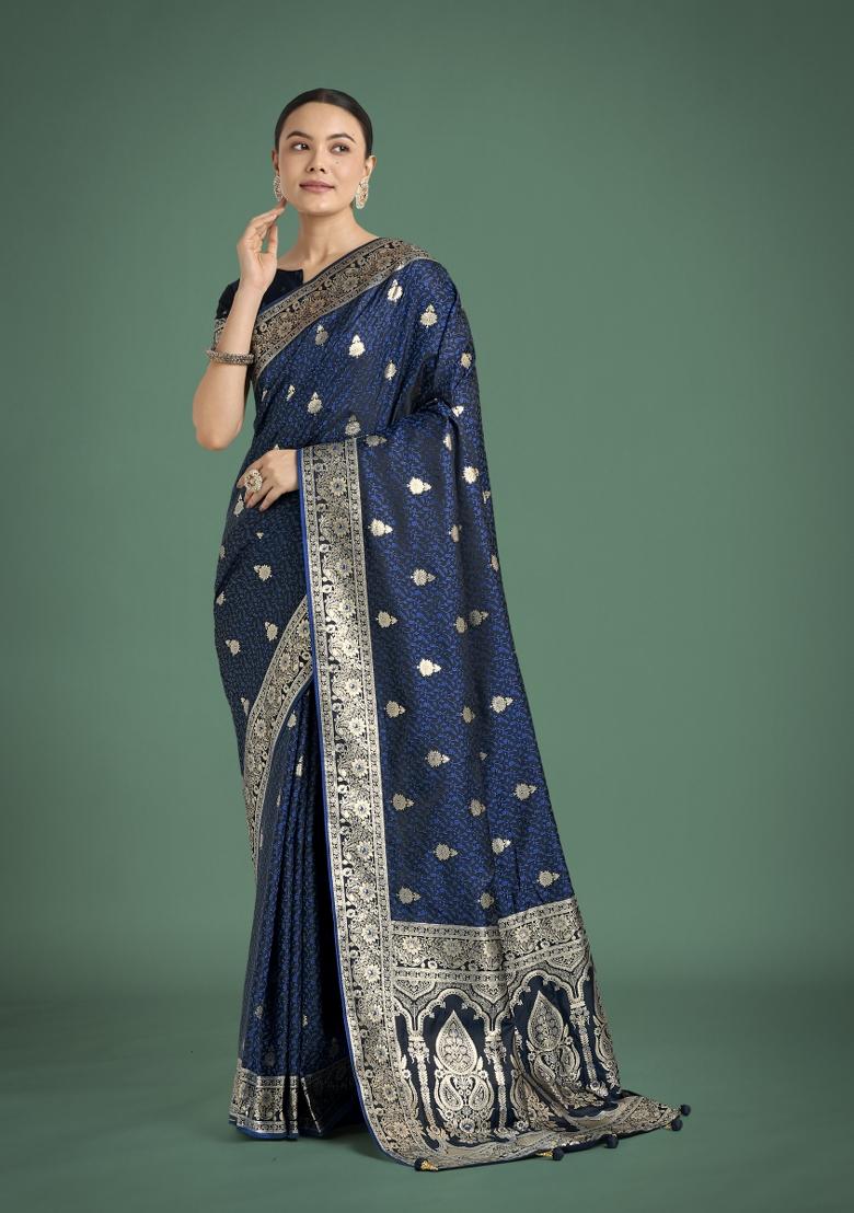 Dark Blue Zari Woven Banarasi Satin Silk Saree Set