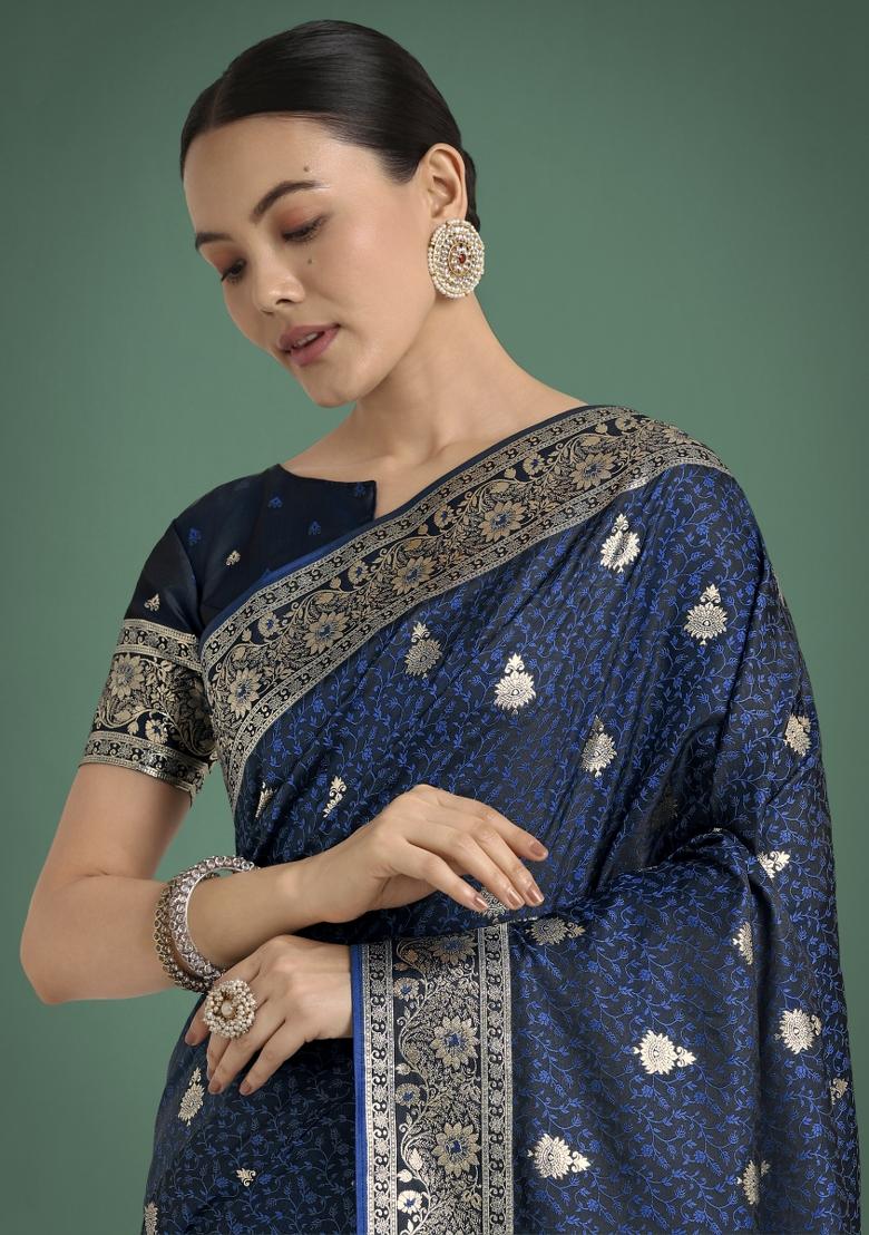 Dark Blue Zari Woven Banarasi Satin Silk Saree Set