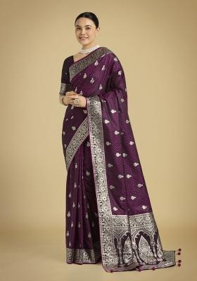 Wine Zari Woven Banarasi Satin Silk Saree Set