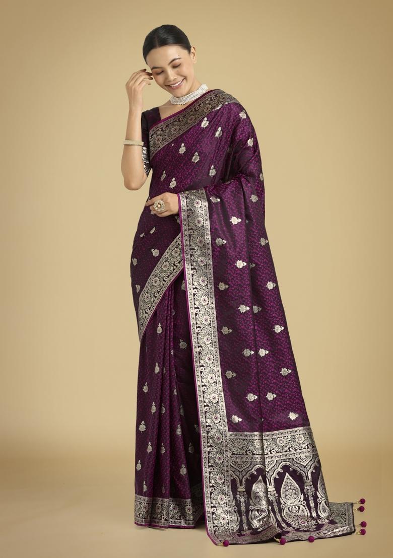Wine Zari Woven Banarasi Satin Silk Saree Set