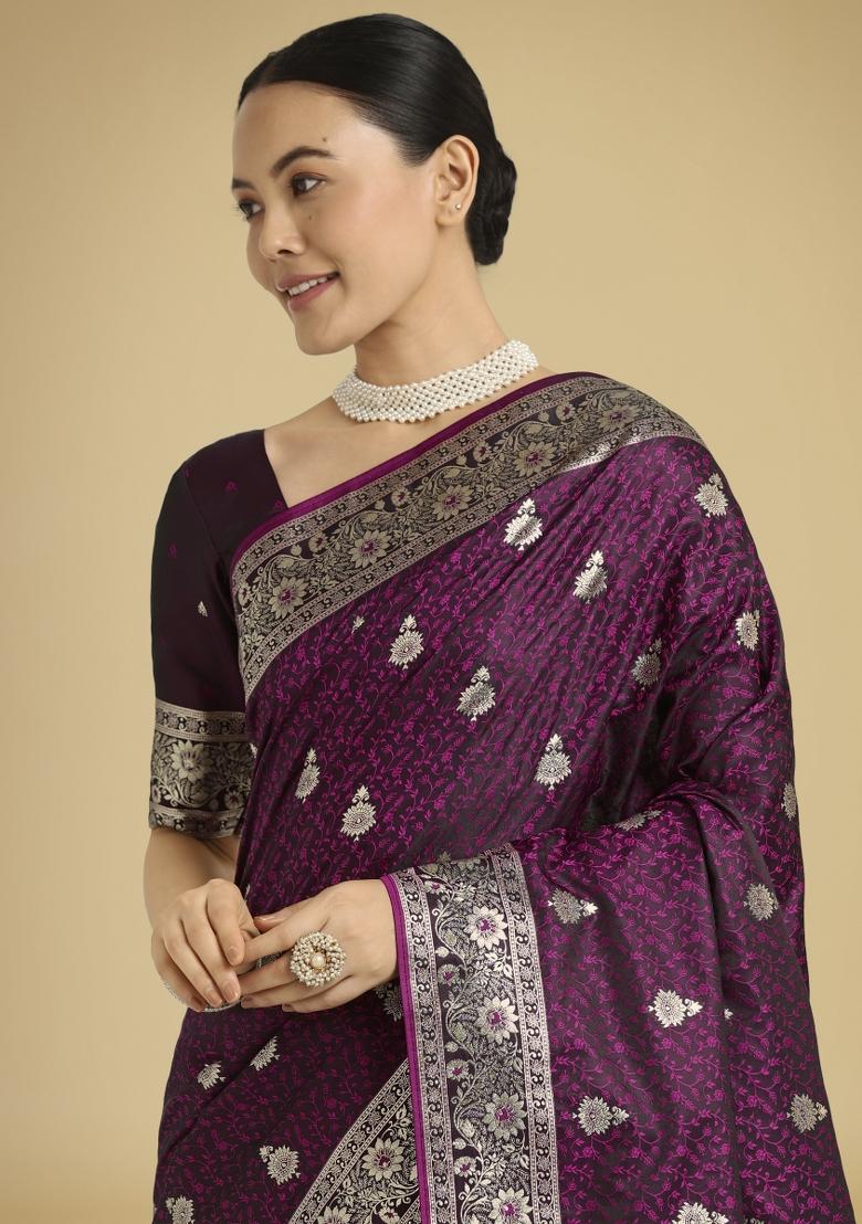 Wine Zari Woven Banarasi Satin Silk Saree Set