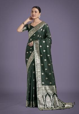 Dark Green Zari Woven Banarasi Satin Silk Saree Set