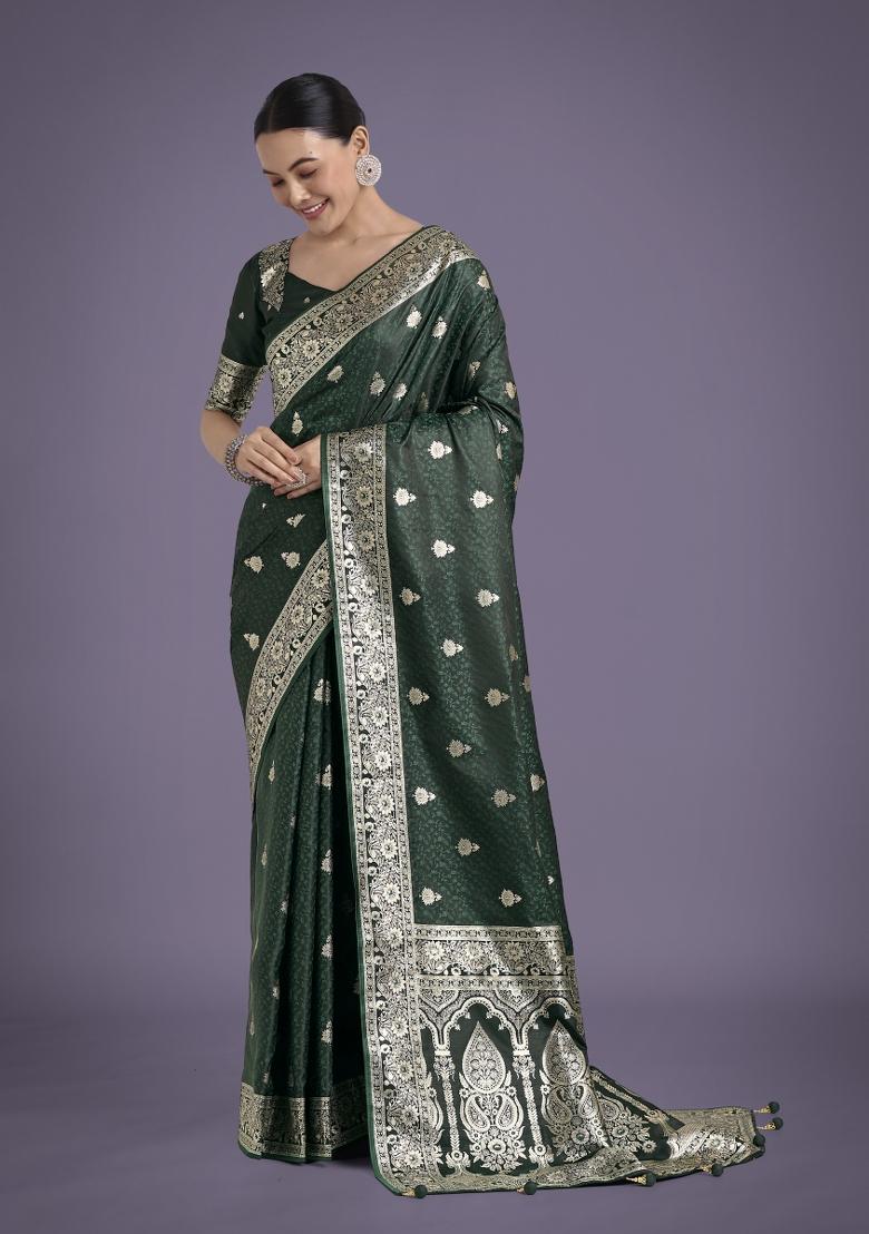 Dark Green Zari Woven Banarasi Satin Silk Saree Set