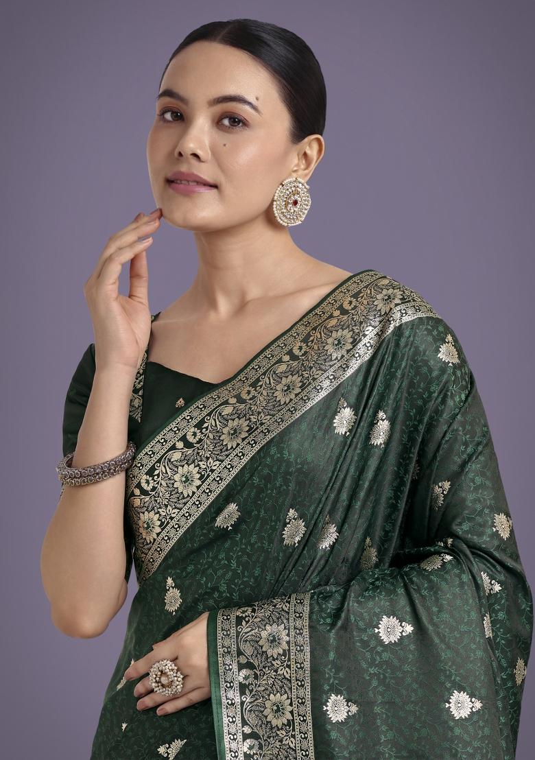 Dark Green Zari Woven Banarasi Satin Silk Saree Set