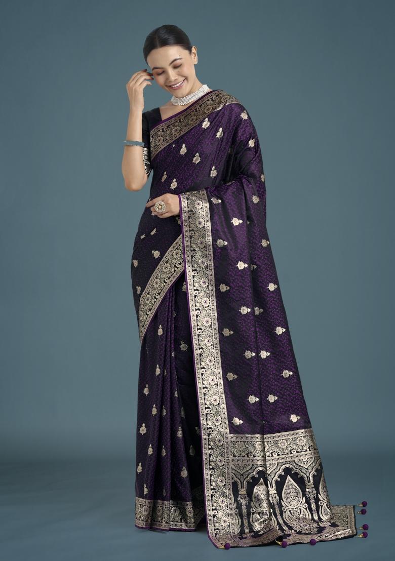 Purple Zari Woven Banarasi Satin Silk Saree Set