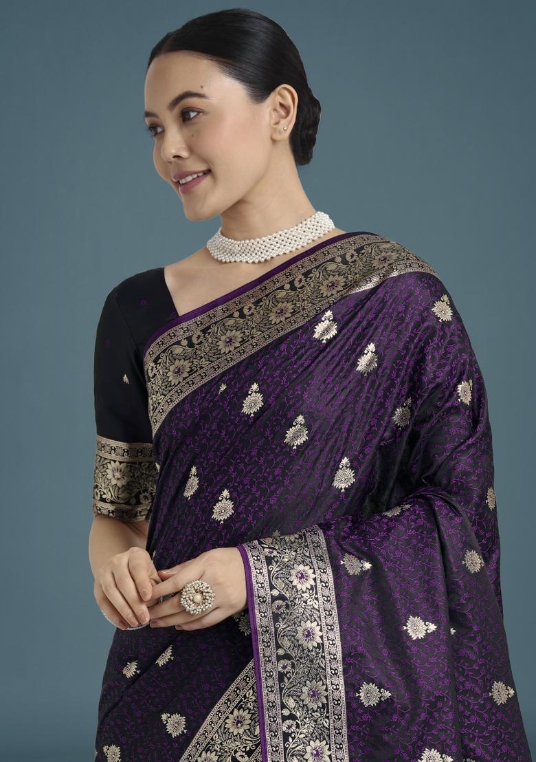 Purple Zari Woven Banarasi Satin Silk Saree Set