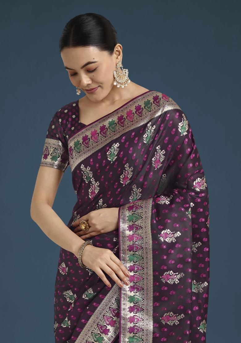 Wine Zari Woven Banarasi Satin Silk Saree Set