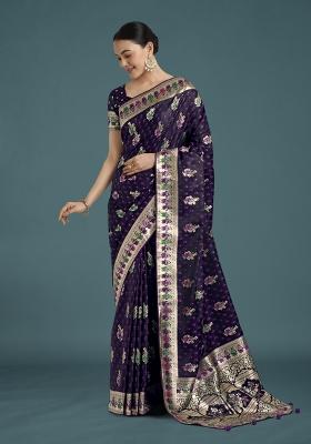 Purple Zari Woven Banarasi Satin Silk Saree Set