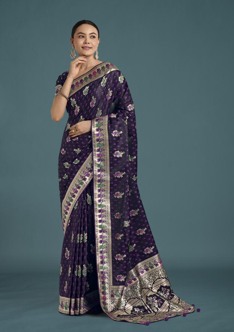 Purple Zari Woven Banarasi Satin Silk Saree Set